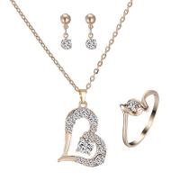 Rhinestone Jewelry Sets, finger ring & earring & necklace, Tibetan Style, with iron chain, stainless steel post pin, with 5cm extender chain, Heart, gold color plated, oval chain & for woman & with rhinestone, lead & cadmium free, 30x20mm, 14x4mm, US Ring Size:10.5, Length:Approx 16.5 Inch, Sold By Set