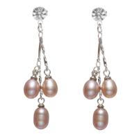 Freshwater Pearl Earrings, with Brass, Rice, natural, for woman & with rhinestone, purple, 6-7mm, 39-42mm, Sold By Pair