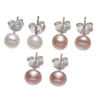 Freshwater Pearl Earrings, brass post pin, Dome, natural, with 925 logo, more colors for choice, 5-6mm, Sold By Pair