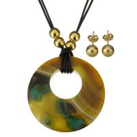 Natural Gemstone Jewelry Sets, earring & necklace, Stainless Steel, with Waxed Nylon Cord & Agate, Donut, gold color plated, for woman, 51mm, 1.5mm, 8mm, Length:Approx 20 Inch, Sold By Set