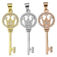 Brass Pendant, Key, plated, micro pave cubic zirconia, more colors for choice, 12.50x34.50x2.50mm, Hole:Approx 3.5x4.5mm, 10PCs/Lot, Sold By Lot