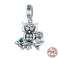 Thailand Sterling Silver European Pendant, Owl, without troll & with cubic zirconia, 16x25mm, Hole:Approx 4.5-5mm, Sold By PC