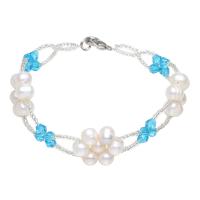 Sötvatten odlade Pearl Bracelet, Kristall, med Freshwater Pearl & Glass Seed Beads, järn skruva lås, pärlstav seriekoppling, 3-4mm, Såld Per 7.5 inch Strand