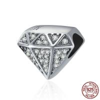 Thailand Sterling Silver European Bead, Diamond Shape, micro pave cubic zirconia & without troll, 11x9mm, Hole:Approx 4.5-5mm, Sold By PC