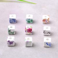 Porzellan Perle, Quadrat, mit Blumenmuster & Aufkleber, gemischte Farben, 11x11mm, Bohrung:ca. 2mm, verkauft von PC