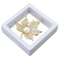 Glass Pearl Brooch, Tibetan Style, with Glass Pearl, Maple Leaf, gold color plated, with packing box & with loop & for woman & with rhinestone, nickel, lead & cadmium free, 50x49x11mm, 69x69x20mm, Hole:Approx 4x7mm, 10PCs/Lot, Sold By Lot
