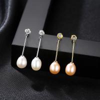 Brass Drop Earring, with Cubic Zirconia & Freshwater Pearl, stainless steel post pin, plated, for woman, more colors for choice, nickel, lead & cadmium free, 27x7mm, Sold By Pair