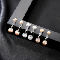 Freshwater Pearl Earrings, Brass, with Cubic Zirconia & Freshwater Pearl, stainless steel post pin, platinum color plated, for woman, more colors for choice, nickel, lead & cadmium free, 27x8mm, Sold By Pair