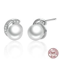 925 Sterling Silver Stud Earring with Freshwater Pearl micro pave cubic zirconia & for woman Sold By Pair