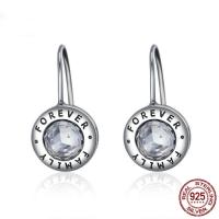 Thailand Sterling Silver Earring Flat Round word forever family for woman & with cubic zirconia Sold By Pair