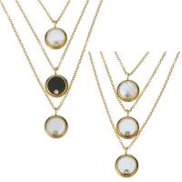 Shell Necklaces, Stainless Steel, with White Shell & Resin, Flat Round, plated, oval chain & for woman & 3-strand & with rhinestone, more colors for choice, 13x17mm, 1.5mm, Sold Per Approx 16 Inch Strand