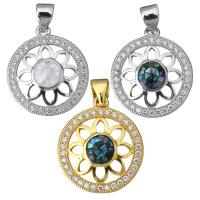 Brass Pendant with White Shell & Abalone Shell Flower plated & micro pave cubic zirconia & epoxy gel Approx 3.5mm Sold By Lot