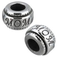 Stainless Steel European Beads, Wheel, word mom, without troll & blacken, 11x7x11mm, Hole:Approx 5mm, 10PCs/Lot, Sold By Lot