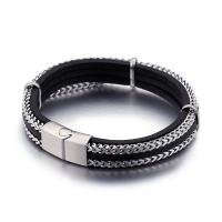 Titanium Steel Bracelet, with Leather, polished, for man, black, 12mm, Sold Per Approx 8 Inch Strand