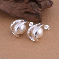 Brass Stud Earring, with Glass Pearl, real silver plated, for woman, lead & cadmium free, 12x17mm, Sold By Pair