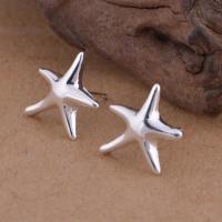 Brass Stud Earring, Starfish, real silver plated, for woman, lead & cadmium free, 13x13mm, Sold By Pair