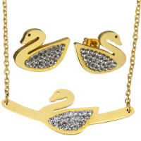 Fashion Stainless Steel Jewelry Sets earring & necklace with Rhinestone Clay Pave Swan gold color plated oval chain & for woman 2mm Length Approx 17 Inch Sold By Set