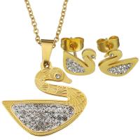 Stainless Steel Jewelry Set, earring & necklace, with Rhinestone Clay Pave, Swan, gold color plated, oval chain & for woman, 30x28mm, 2mm, 12x9mm, Length:Approx 19 Inch, Sold By Set