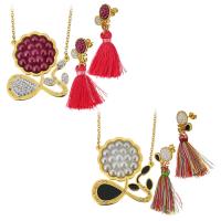 Stainless Steel Jewelry Set, earring & necklace, with Rhinestone Clay Pave & Nylon Cord & Resin, Flower, gold color plated, oval chain & for woman, more colors for choice, 37x40mm, 2mm, 17x18mm, 30mm, Length:Approx 18 Inch, Sold By Set