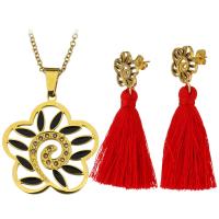 Stainless Steel Jewelry Set, earring & necklace, with Nylon Cord & Resin, Flower, gold color plated, oval chain & for woman & with rhinestone, 32x34mm, 2mm, 16x15mm, 43mm, Length:Approx 19 Inch, Sold By Set