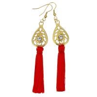 Stainless Steel Tassel Earring, with Nylon Cord, gold color plated, for woman & with rhinestone, 96mm, 17x28mm, Sold By Pair