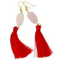 Stainless Steel Tassel Earring, with Nylon Cord & Rose Quartz, gold color plated, for woman, 83mm, 11x25mm, Sold By Pair