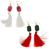 Stainless Steel Tassel Earring, with Dyed Jade & Nylon Cord, gold color plated, for woman, more colors for choice, 90mm, 13x24mm, Sold By Pair