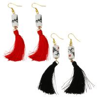 Stainless Steel Tassel Earring, with Porcelain & Nylon Cord, gold color plated, for woman, more colors for choice, 90mm, 10x26mm, Sold By Pair