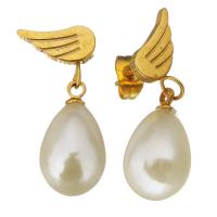 Stainless Steel Drop Earring, with Glass Pearl, Teardrop, gold color plated, for woman, 26mm, 10x18mm, Sold By Pair
