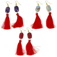 Stainless Steel Drop Earring with Impression Jasper Tassel gold color plated for woman 88mm Sold By Pair