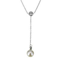 Stainless Steel Halskæde, med Glass Pearl, med 2Inch extender kæde, Runde, oval kæde & for kvinde & med rhinestone, oprindelige farve, 52mm, 8x12mm, 1.2mm, Solgt Per Ca. 15 inch Strand