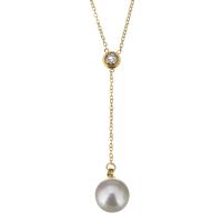 Stainless Steel Necklace with Glass Pearl with 2Inch extender chain Round gold color plated oval chain & for woman & with rhinestone 50mm 1.2mm Sold Per Approx 16 Inch Strand