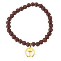Natural Goldstone Bracelet with Stainless Steel Peace Logo gold color plated charm bracelet & for woman & with rhinestone 7mm Sold Per Approx 7 Inch Strand