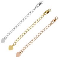 Brass Lobster Claw Cord Clasp, Heart, plated, with extender chain, more colors for choice, 70mm, 9x4.5x2.5mm, Hole:Approx 2mm, 50Sets/Lot, Sold By Lot