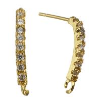 Brass Earring Stud Component, real gold plated, with loop & micro pave cubic zirconia, 2x18x15mm, 0.6mm, Hole:Approx 0.8mm, 20PCs/Lot, Sold By Lot