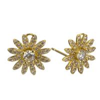 Brass Earring Stud Component Flower real gold plated with loop & with cubic zirconia 0.6mm Approx Sold By Lot