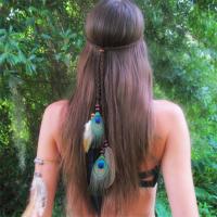 Velveteen Cord Headband, with Feather & Wood, Bohemian style & for woman, Sold Per Approx 64 Inch Strand