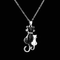 Zinc Alloy smykker halskæde, zinklegering karabinlås, med 1.9lnch extender kæde, Cat, sølvfarvet forgyldt, oval kæde & for kvinde & emalje & med rhinestone, nikkel, bly & cadmium fri, 30x15mm ,400mm, Solgt Per Ca. 15.7 inch Strand