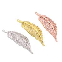 Brass Jewelry Connector, Feather, plated, micro pave cubic zirconia & 1/1 loop, more colors for choice, nickel, lead & cadmium free, 37x12x3mm, Hole:Approx 1mm, Sold By PC