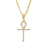Stainless Steel Sweater Necklace with brass chain Ankh Cross gold color plated Unisex & curb chain & with rhinestone nickel lead & cadmium free Sold Per Approx 23.6 Inch Strand