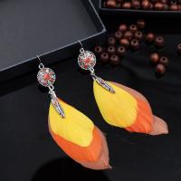 Zinc Alloy Drop Earring with Feather iron earring hook Feather antique silver color plated for woman & enamel lead & cadmium free Sold By Pair