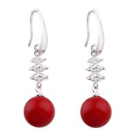 Natural Coral Drop Earring, brass earring hook, Round, for woman & with cubic zirconia, red, 12x34x12mm, Sold By Pair