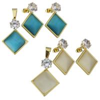 Stainless Steel Jewelry Set, pendant & earring, with Cats Eye, Rhombus, gold color plated, for woman & with rhinestone, more colors for choice, 19x27mm, 19x26mm, Hole:Approx 3x7mm, Sold By Set