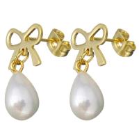 Stainless Steel Drop Earring, with Glass Pearl, Bowknot, gold color plated, for woman, 21mm, 7.5x14mm, 6Pairs/Lot, Sold By Lot