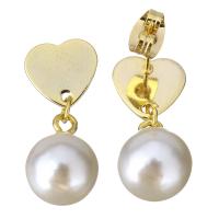 Stainless Steel Drop Earring, with Glass Pearl, Heart, gold color plated, for woman, 24mm, 10x13mm, 6Pairs/Lot, Sold By Lot