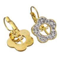 Stainless Steel Lever Back Earring, with Rhinestone Clay Pave, Flower, gold color plated, for woman, 17x25mm, 12Pairs/Lot, Sold By Lot