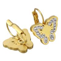 Stainless Steel Lever Back Earring, with Rhinestone Clay Pave, Butterfly, gold color plated, for woman, 16x19mm, 12Pairs/Lot, Sold By Lot