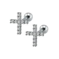 Bijoux de piercing d'oreille en acier inoxydable, Acier titane, croix, pour femme & avec zircone cubique, couleur originale, 10mm, Vendu par paire