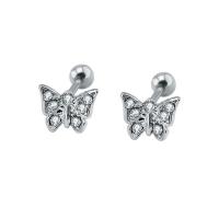 Stainless Steel Ear Piercing Jewelry, Titanium Steel, Butterfly, for woman & with rhinestone, original color, 7mm, 6Pairs/Lot, Sold By Lot
