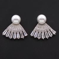 Brass Stud Earring, with ABS Plastic Pearl, platinum plated, for woman & with cubic zirconia, nickel, lead & cadmium free, 16.50x16x7mm, Sold By Pair